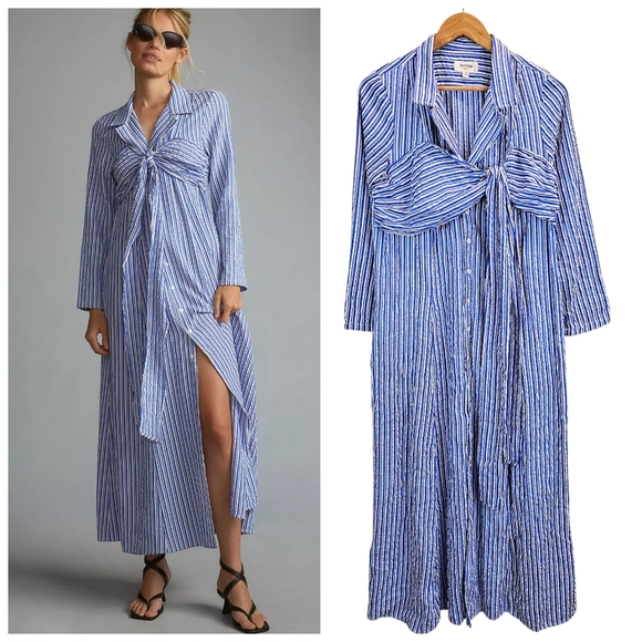 Anthropologie Porridge Blue White Striped Maxi Dress Tie Front Button Down M - Picture 1 of 13